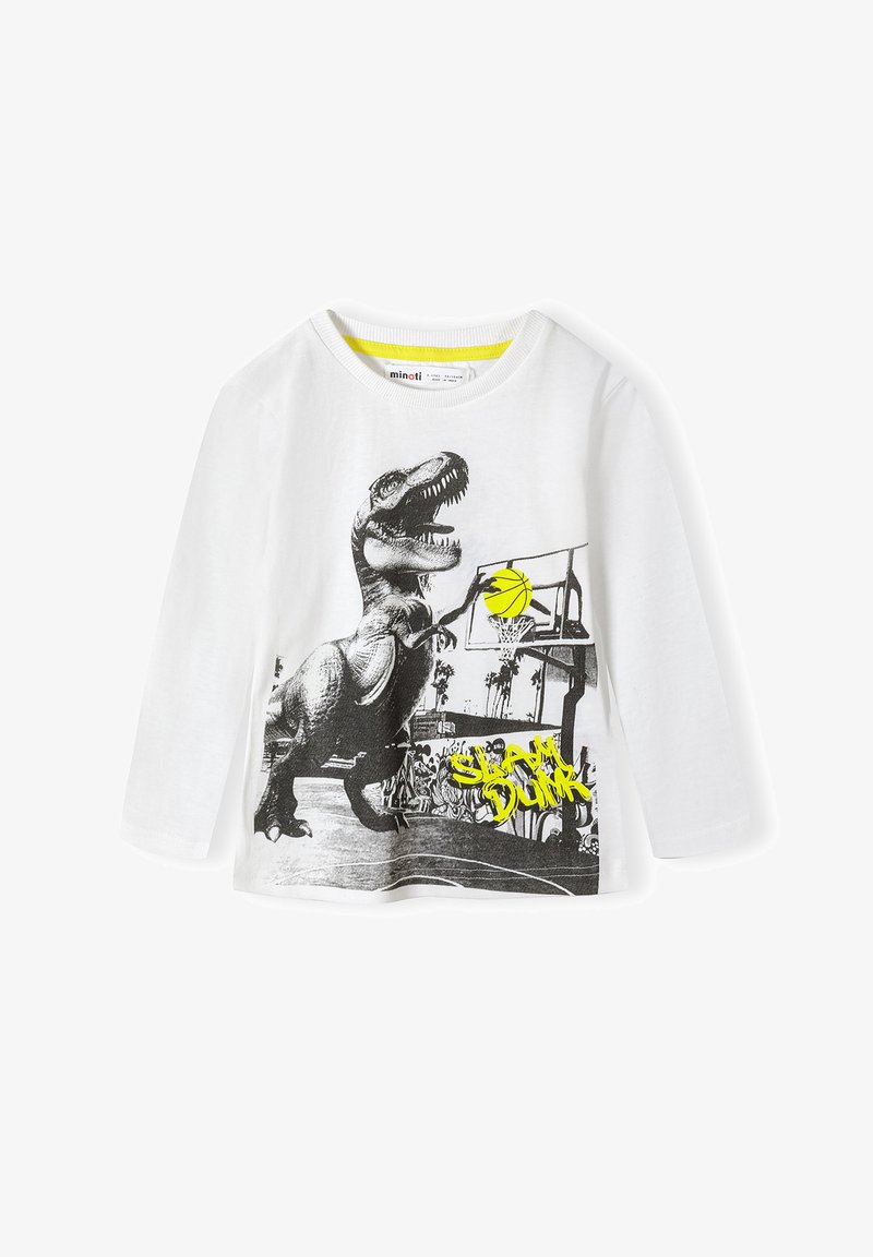 Hvid langærmet t-shirt med et sort dinosaurgrafik, en lys gul basketball og teksten "SLAM DUNK" i neon gul.