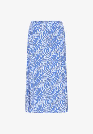 Jupe mi-longue bleue et blanche avec un motif abstrait de feuilles et d'animaux.