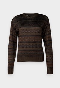 Brown knitted sweater featuring a round neckline, long sleeves, and textured stripes with multicolored accents throughout.