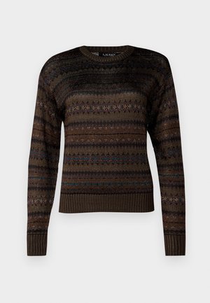 Brown knitted sweater featuring a round neckline, long sleeves, and textured stripes with multicolored accents throughout.
