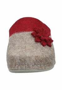 Brown and red felt slipper with a rounded shape, featuring a red flower accent and contrasting stitching along the top edge.