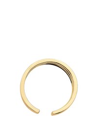 Guldfarvet åben cuff armbånd med en glat, skinnende overflade og et slankt, minimalistisk design. Rund form uden synlige lukninger eller udsmykninger.