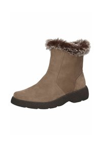 Botas de tobillo de ante marrón con un suave collar de piel sintética, que cuentan con una suela de goma texturizada para tracción y comodidad.