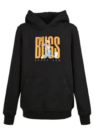 Sort hoodie med Bugs Bunny, der dunker en basketball inde i store orange "BUGS"-bogstaver med "SPACE JAM" nedenunder i blåt.