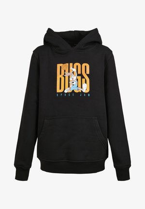Sort hoodie med Bugs Bunny, der dunker en basketball inde i store orange "BUGS"-bogstaver med "SPACE JAM" nedenunder i blåt.