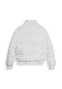 Chaqueta de plumas blanca con paneles horizontales acolchados, cuello alto, puños elásticos y cinturilla elástica, mostrada desde atrás sobre un fondo blanco.