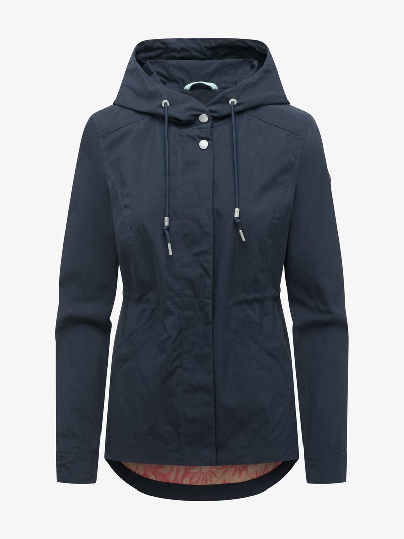 Marineblaue Damenkapuzenjacke mit Kordelzug, Druckknopfverschluss, langen Ärmeln und schrägen vorderen Taschen, zeigt pink gemustertes Innenfutter.