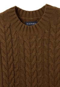 Cable-knit sweater in a rich brown color, featuring a ribbed crew neckline and textured patterns throughout. Tag visible reads "PIOMBO."