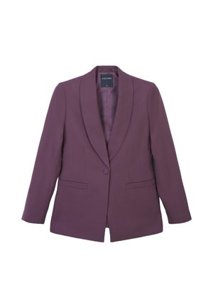 Blazer ajusté violet avec un revers en pointe, fermeture à un bouton et deux poches avant. Fabriqué en tissu lisse avec une conception structurée.