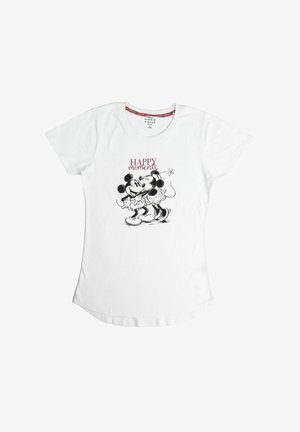 White cotton t-shirt featuring a graphic print of Mickey and Minnie Mouse with the text "HAPPY moments." Short sleeves and rounded neckline.