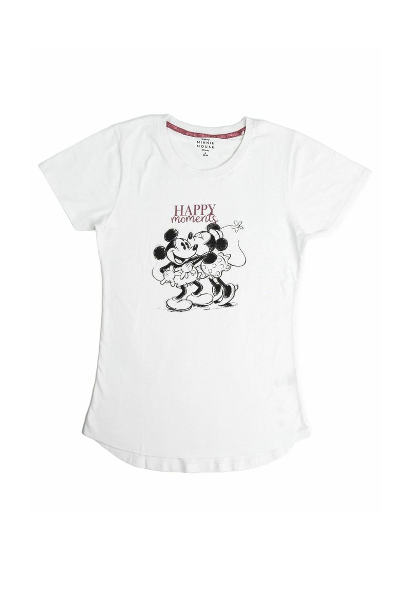 Weißes Baumwoll-T-Shirt mit einem Grafikdruck von Mickey und Minnie Mouse und dem Text "HAPPY moments." Mit kurzen Ärmeln und rundem Halsausschnitt.