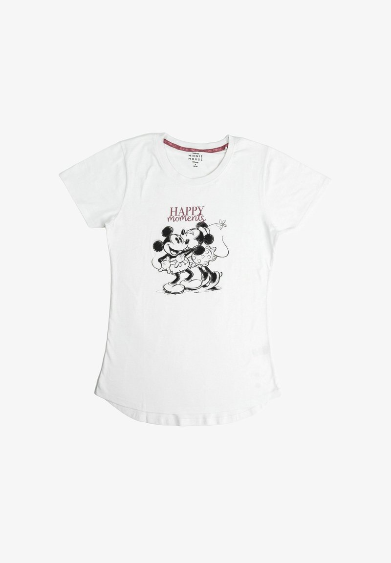White cotton t-shirt featuring a graphic print of Mickey and Minnie Mouse with the text "HAPPY moments." Short sleeves and rounded neckline.