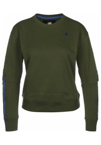 Sudadera verde oliva hecha de una mezcla de algodón, con cuello redondo, franjas azules de acento en las mangas y puños y dobladillo acanalados.