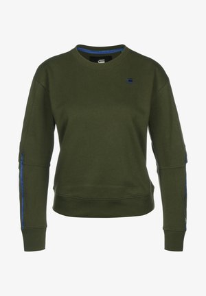 Sudadera verde oliva hecha de una mezcla de algodón, con cuello redondo, franjas azules de acento en las mangas y puños y dobladillo acanalados.