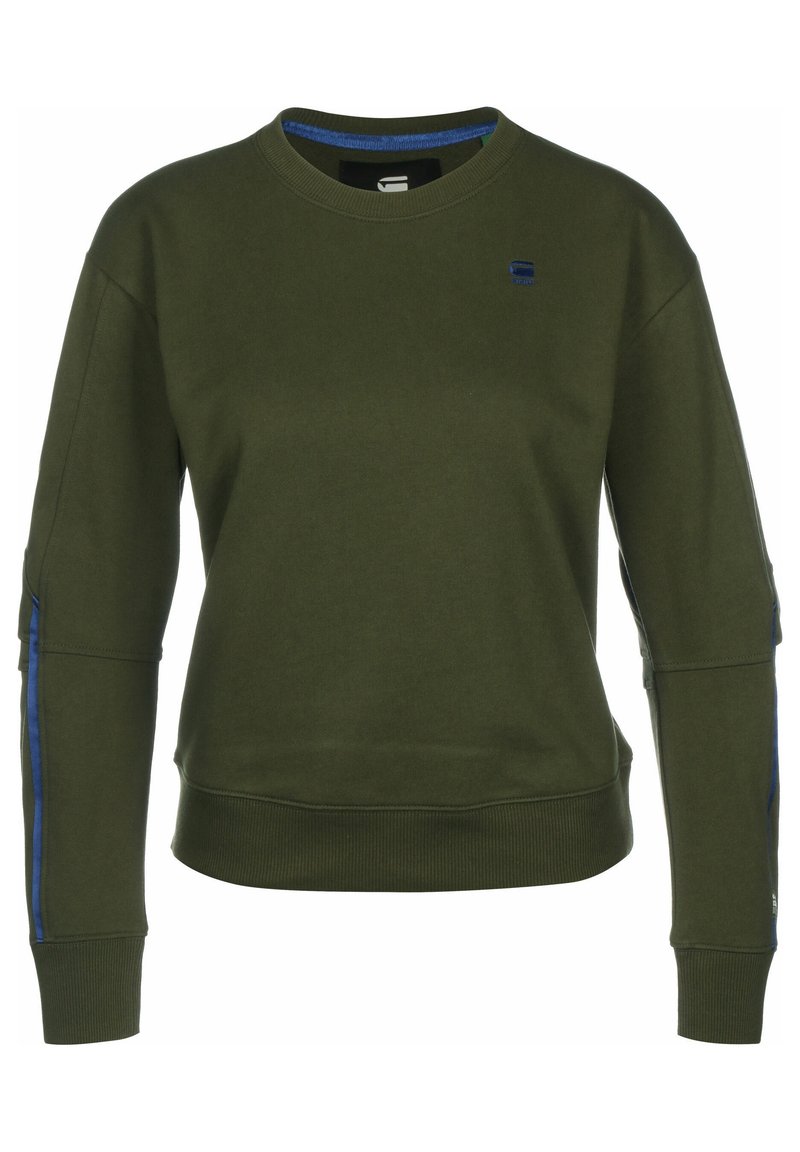 Sudadera verde oliva hecha de una mezcla de algodón, con cuello redondo, franjas azules de acento en las mangas y puños y dobladillo acanalados.
