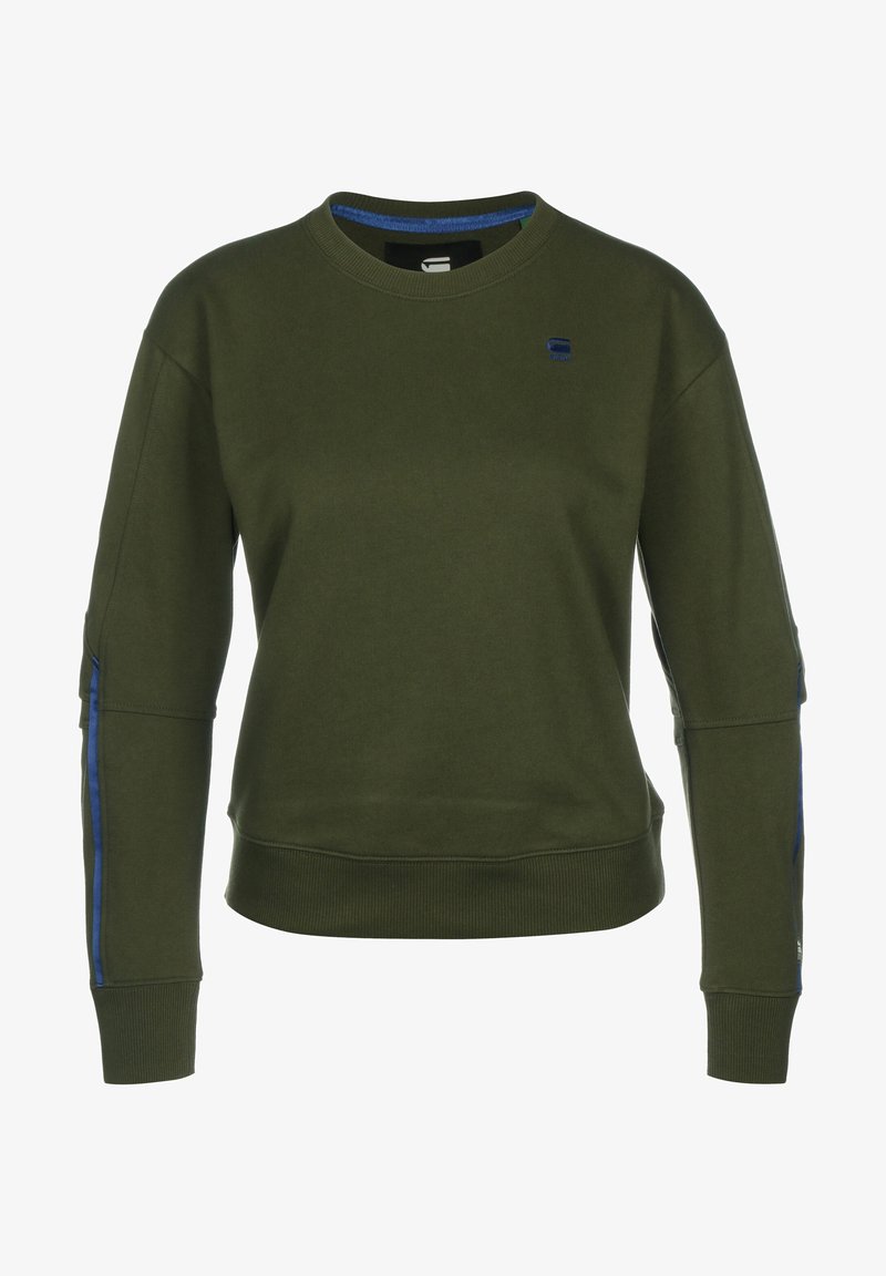 Sudadera verde oliva hecha de una mezcla de algodón, con cuello redondo, franjas azules de acento en las mangas y puños y dobladillo acanalados.