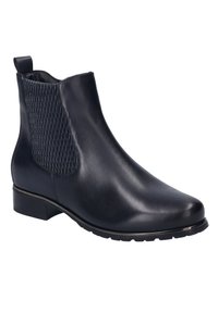 Black leather Chelsea boots with elastic side panels, a textured finish, and a low block heel. Features a rubber sole for traction.