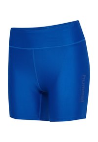 Blå träningsshorts tillverkade av stretchigt material. Har en jämn textur och en logotyp längs sidan. Midjeför att ge bekvämlighet.