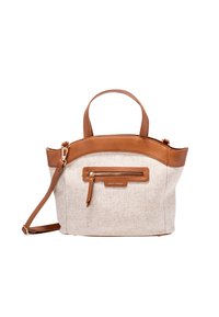 Borsa in tessuto beige con dettagli in pelle marrone. Dispone di due manici superiori, una tracolla removibile e una tasca frontale con zip.