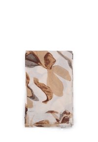 Sciarpa leggera con motivo floreale in tonalità beige, marrone e grigio. I bordi sono frangiati e il tessuto appare morbido e dalla texture piacevole.