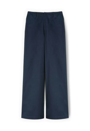 Donker marineblauwe broek met wijde pijpen, riemlussen, voornaad en rechte zoom, plat gelegd op een witte achtergrond.