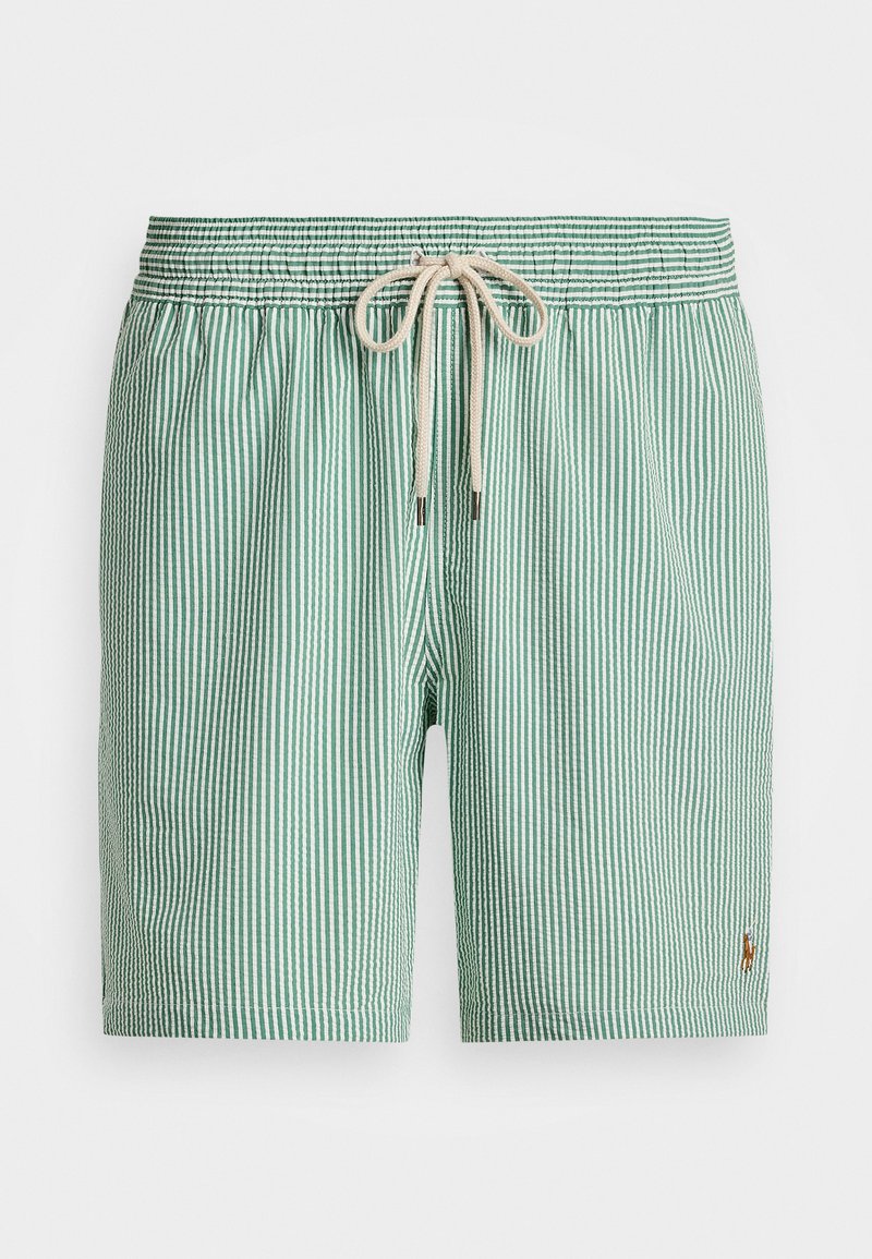 Gröna och vita randiga badshorts med elastisk midja, dra snöre och liten broderad logotyp på nedre högra sidan.