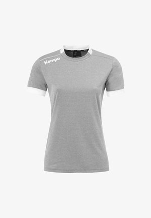 Gray short-sleeve t-shirt with white collar and sleeve accents. Features "Kempa" logo on the left shoulder. Made from soft, breathable fabric.