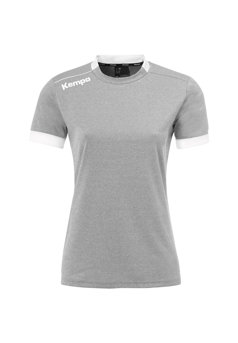 Graues T-Shirt mit kurzen Ärmeln, weißen Akzenten am Kragen und an den Ärmeln. Verfügt über das "Kempa"-Logo auf der linken Schulter. Hergestellt aus weichem, atmungsaktivem Material.
