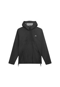 Giacca antivento nera con cappuccio, cerniera frontale, due tasche con cerniera e piccolo logo bianco sul petto.