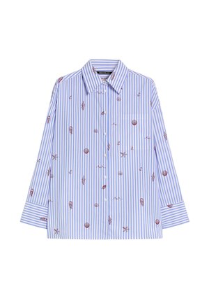Camicia a righe blu e bianche a maniche lunghe con bottoni, tasca frontale e piccoli motivi di conchiglie, stelle marine e ancore.