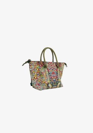 Borsa a tracolla con manici verdi con un motivo colorato e denso di lettere e simboli sovrapposti in diversi caratteri tipografici.