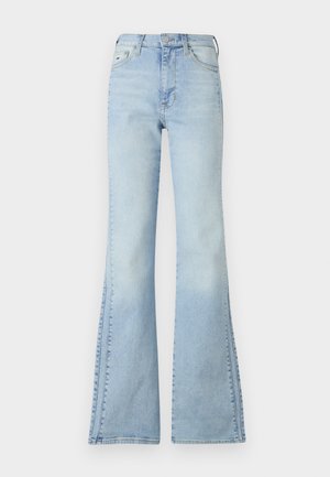 Light blue flared jeans made of denim, featuring a high waist, faded wash, and visible stitching along the seams and hem.