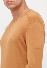 T-shirt à manches longues col rond en brun clair, fabriqué en tissu doux. Présente des coutures subtiles et un petit logo sur la manche.