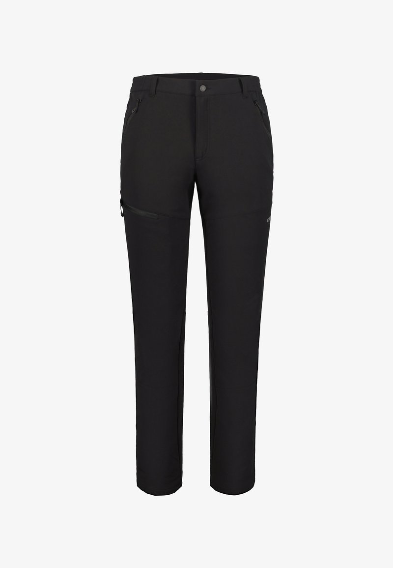 Schwarze Outdoor-Hosen mit glatter Textur, ausgestattet mit zwei vorderen Reißverschlusstaschen und einer seitlichen Reißverschlusstasche. Gerades Bein Design.