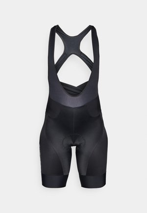 Sorte sykkel-bib-shorts med en tettsittende design, teksturert øverdel og polstret seteområde. Har kryssryggen og ingen synlige logoer.