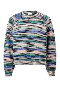 Mehrfarbiger Strickpullover mit Rundhalsausschnitt, langen Ärmeln und einem welligen Muster in Grüntönen, Blau, Pink und Schwarz. Strukturiertes Finish.