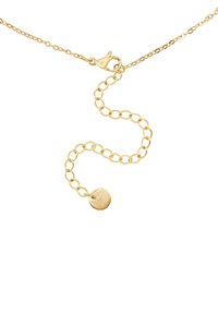 Collar de cadena de oro con eslabones ovalados, que presenta un pequeño charm circular y un cierre de langosta. Textura suave, acabado brillante.