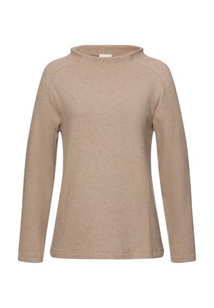 Beige pitkähihaine paita pyöreällä kaula-aukolla, valmistettu pehmeästä kankaasta. Ominaisuuksia raglan-hihat ja rento istuvuus ilman näkyviä kiinnityksiä.
