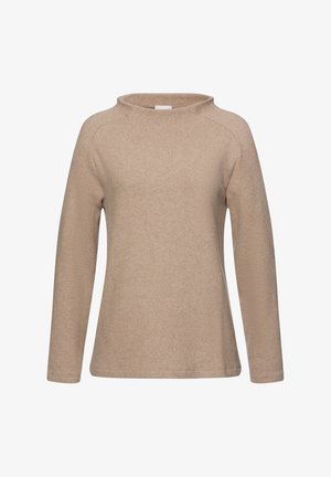 Beige Langarmtop mit Rundhalsausschnitt, aus weichem Stoff gefertigt. Verfügt über Raglanärmel und eine lässige Passform ohne sichtbare Verschlüsse.