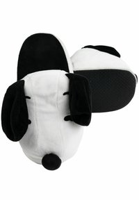 Slippers shaped like a dog, featuring a soft white and black plush exterior, rounded toe, and textured black sole for traction.