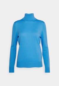Pull à col roulé bleu en tissu doux et extensible. Il présente des manches longues, une coupe ajustée et un détail de logo subtil sur la poitrine.