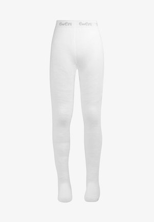 Weiße gestrickte Strumpfhosen mit glatter Textur und elastischem Bund, auf dem der Markenname "ewers" in Hellgrau eingearbeitet ist. Geeignet für verschiedene Outfits.