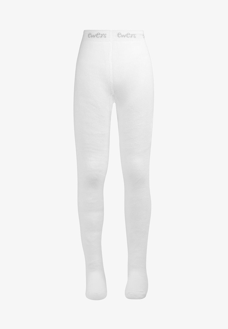 Collants blancs en tricot avec une texture lisse et une taille élastique arborant le nom de la marque "ewers" en gris clair. Convient à diverses tenues.