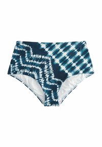 Högmidjade badshorts i blått tie-dye-mönster med vita accenter. Tillverkade av stretchigt, snabbtorkande tyg. Fodrad insida för komfort.