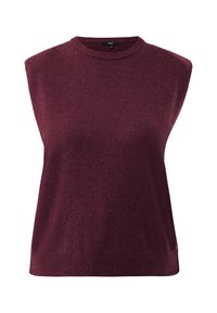 Suéter sin mangas burdeos hecho de un tejido suave, con cuello redondo y un sutil dobladillo acanalado. Diseño minimalista sin patrones.