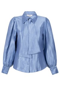 Lichtblauw satin blouse met een grote kraag, gathered mouwen en een gedrapeerde voorkant met een strik, aangevuld met een knoopmanchet.