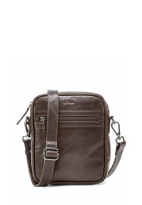 Brązowa skórzana torba crossbody z regulowanym paskiem, przednią kieszenią na zamek i gładkim wykończeniem. Posiada subtelną markową logo i strukturalny design.