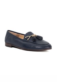 Navy leather loafer with a rounded toe, decorative gold hardware, and tassels. Low stacked heel and smooth texture throughout.