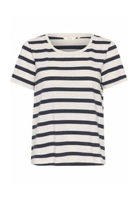 T-shirt à manches courtes rayé crème et marine avec un col rond, fabriqué en tissu doux ; présente des rayures horizontales et une coupe décontractée.