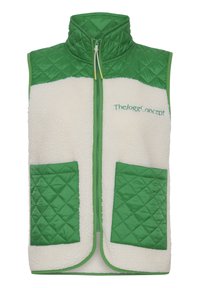 Chaleco de forro polar con cuello y ribete acolchados en verde. Cuerpo blanco con dos bolsillos acolchados en forma de diamante verdes. Cierre frontal con cremallera, logo en el pecho.